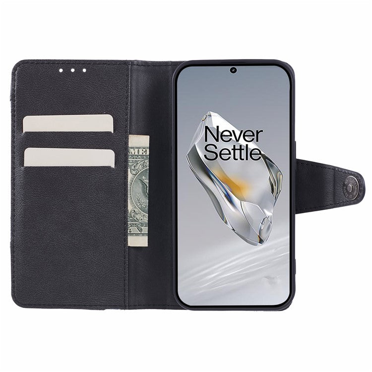 Leather Phone Case for OnePlus 12 5G Cover Splicing Design Crazy Horse Texture Wallet Shell - Black