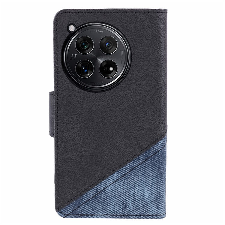 Leather Phone Case for OnePlus 12 5G Cover Splicing Design Crazy Horse Texture Wallet Shell - Black