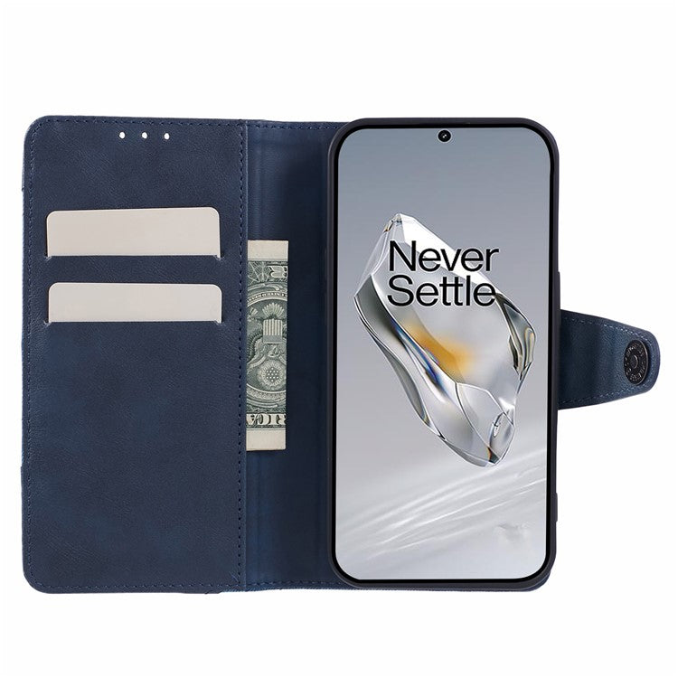 Leather Phone Case for OnePlus 12 5G Cover Splicing Design Crazy Horse Texture Wallet Shell - Dark Blue