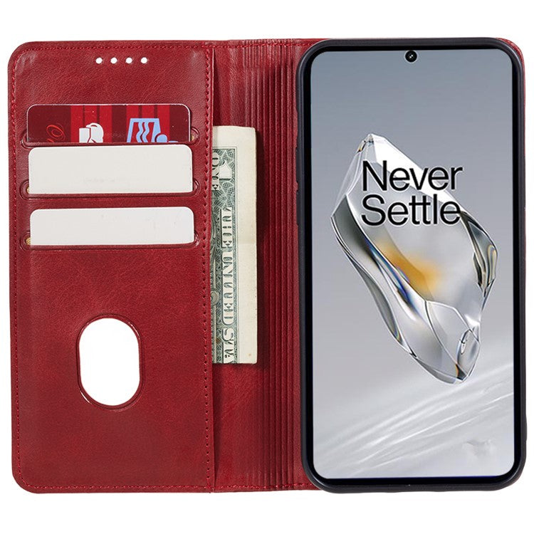 For OnePlus 12 5G Magnetic Case Calf Texture PU Leather Smart Phone Cover - Red