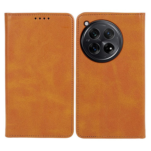 For OnePlus 12 5G Magnetic Case Calf Texture PU Leather Smart Phone Cover - Khaki