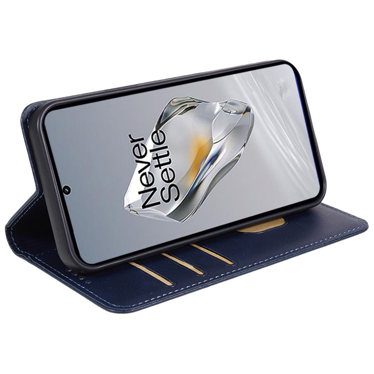 For OnePlus 12 5G Magnetic Case Calf Texture PU Leather Smart Phone Cover - Blue