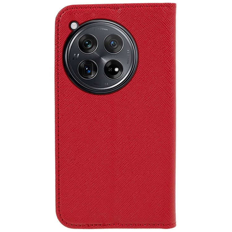 For OnePlus 12 5G Cell Phone Case Cross Texture Anti-Scratch Wallet Stand Cover PU Leather Shell - Red