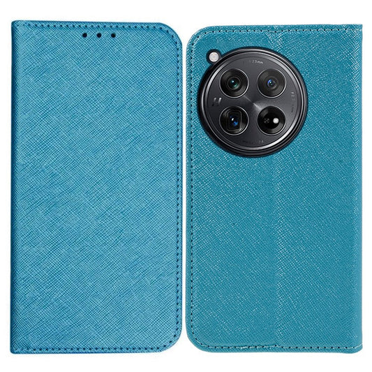 For OnePlus 12 5G Cell Phone Case Cross Texture Anti-Scratch Wallet Stand Cover PU Leather Shell - Sky Blue