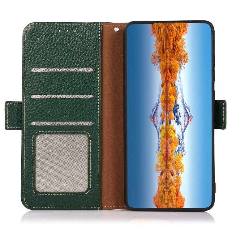 KHAZNEH For OnePlus 12 5G Case Genuine Cow Leather Litchi Texture RFID Blocking Phone Cover - Green