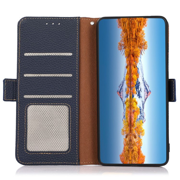 KHAZNEH For OnePlus 12 5G Case Genuine Cow Leather Litchi Texture RFID Blocking Phone Cover - Blue