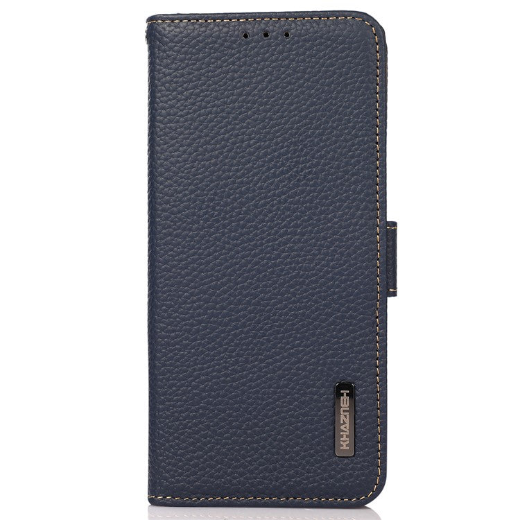 KHAZNEH For OnePlus 12 5G Case Genuine Cow Leather Litchi Texture RFID Blocking Phone Cover - Blue