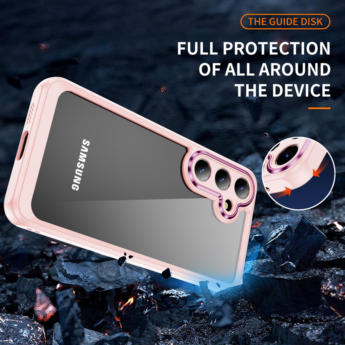 For Samsung Galaxy S24 TPU+Acrylic 2-in-1 Phone Case Metal Lens Frame Clear Cover - Apricot