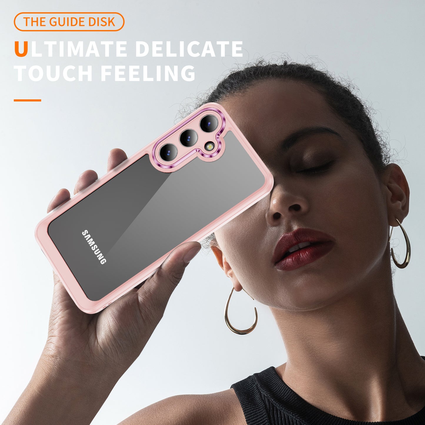 For Samsung Galaxy S24 TPU+Acrylic 2-in-1 Phone Case Metal Lens Frame Clear Cover - Apricot