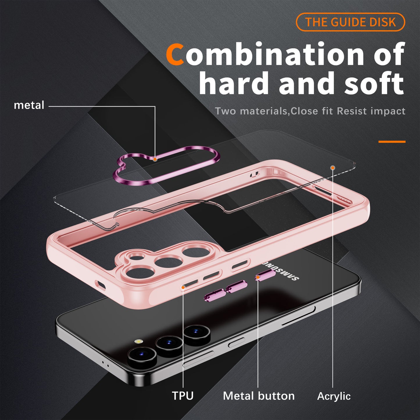 For Samsung Galaxy S24 TPU+Acrylic 2-in-1 Phone Case Metal Lens Frame Clear Cover - Apricot