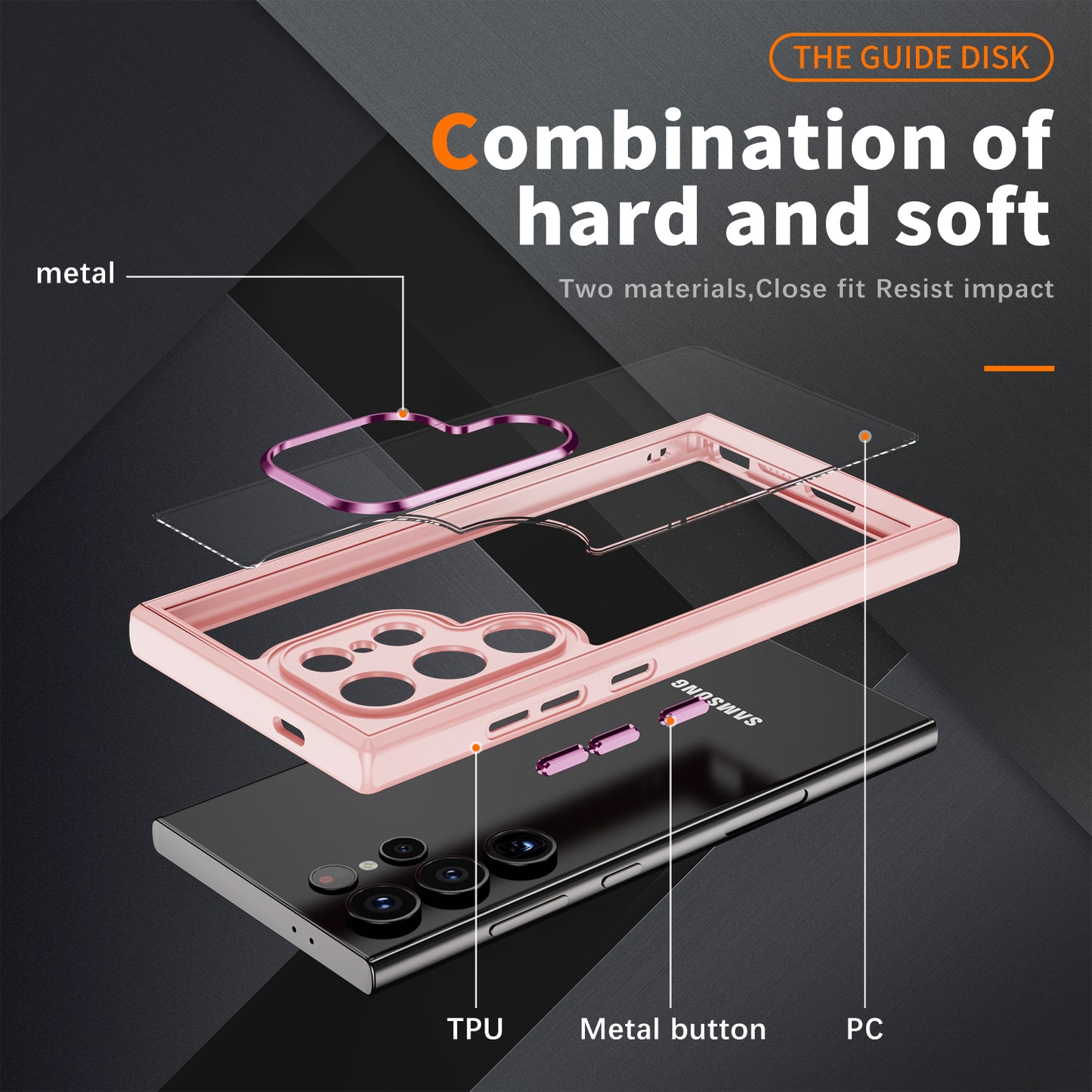 For Samsung Galaxy S24 Ultra Case TPU+Acrylic Clear Phone Cover Metal Lens Frame - Apricot