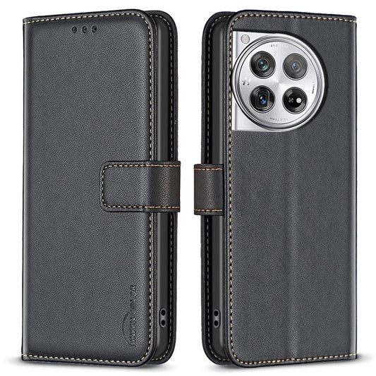 BINFEN COLOR BF17 For OnePlus 12 5G Leather Wallet Case Imprint Full Protection Cover Stand - Black