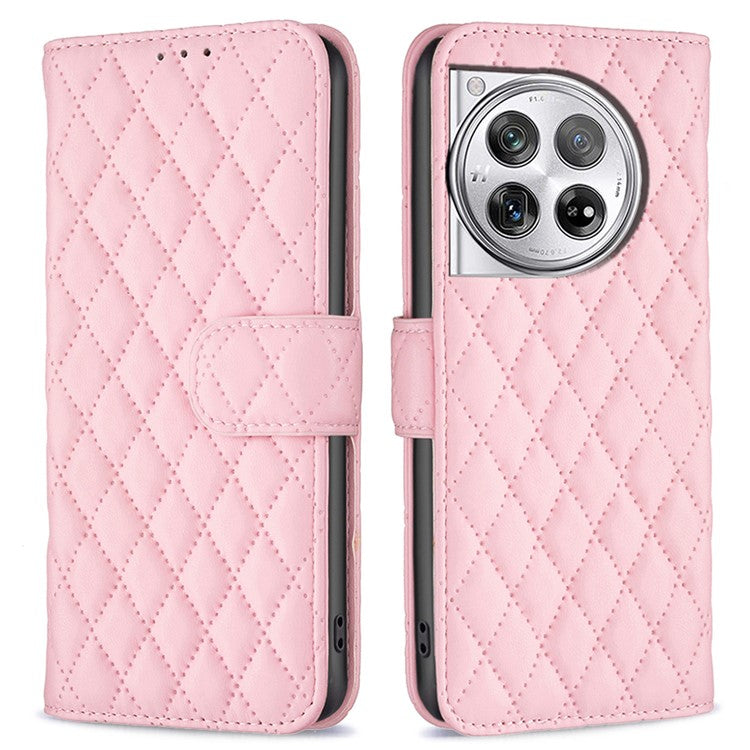 BINFEN COLOR BF Style-14 For OnePlus 12 5G Case Stand PU Leather Wallet Flip Cover Protector - Pink