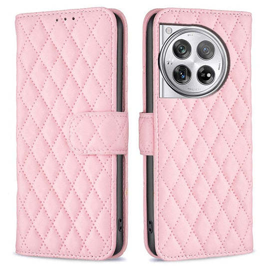 BINFEN COLOR BF Style-14 For OnePlus 12 5G Case Stand PU Leather Wallet Flip Cover Protector - Pink
