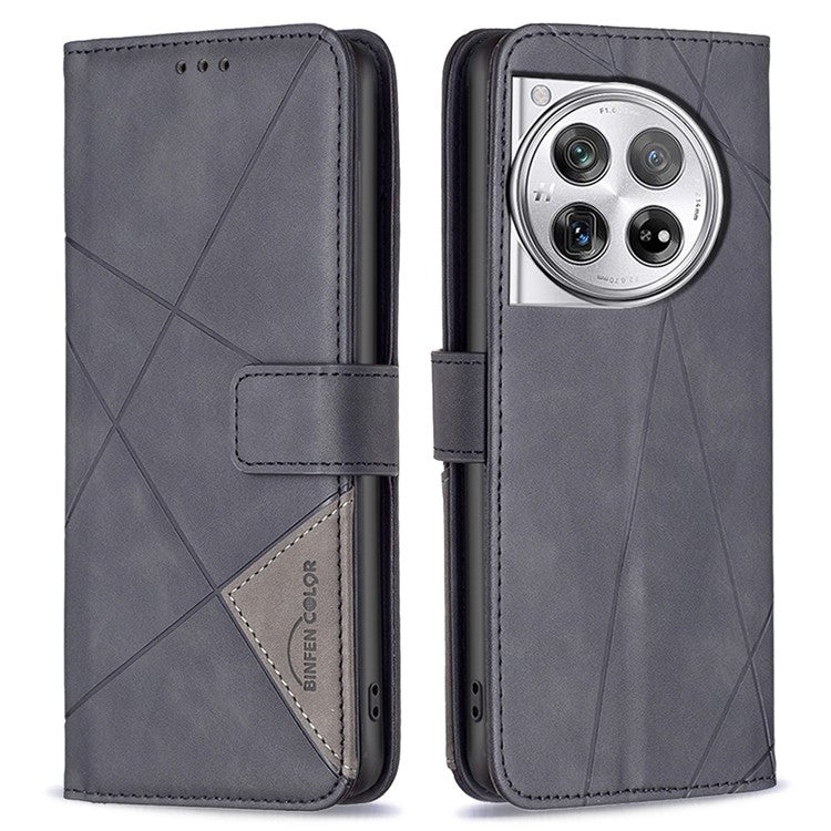 BINFEN COLOR BF05 For OnePlus 12 5G Case Stand Wallet Imprinted Line PU Leather Cover - Black