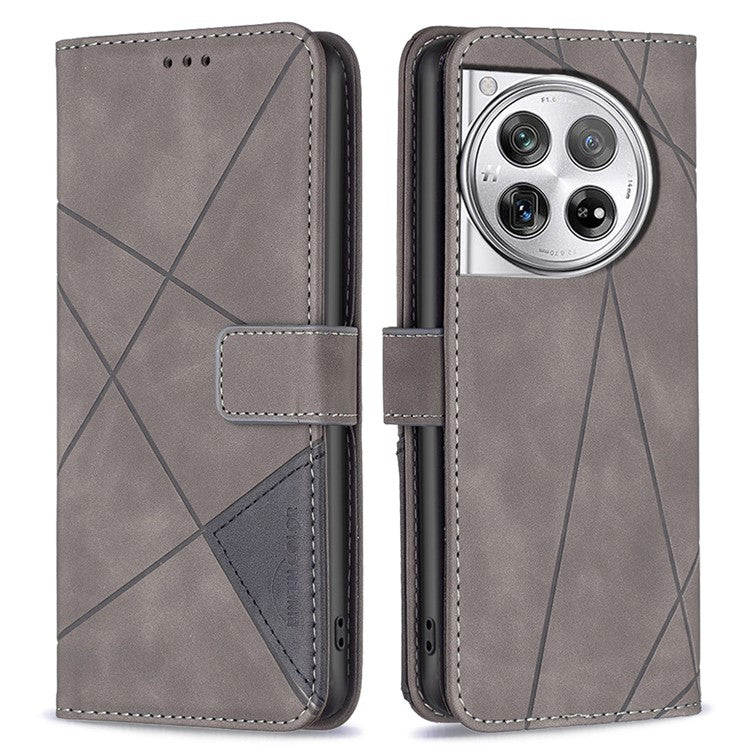 BINFEN COLOR BF05 For OnePlus 12 5G Case Stand Wallet Imprinted Line PU Leather Cover - Grey