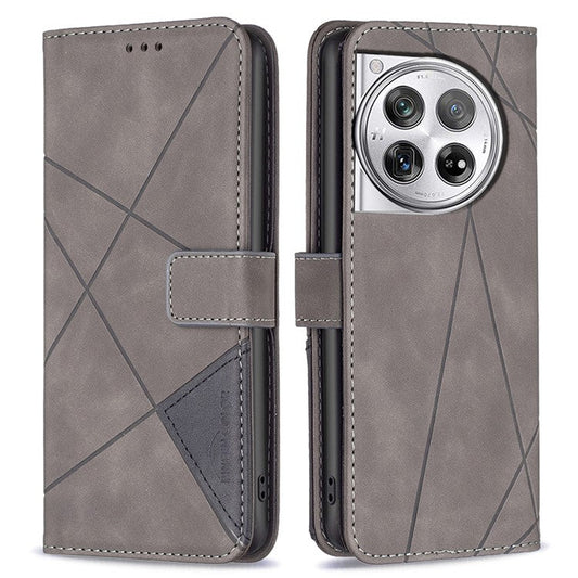 BINFEN COLOR BF05 For OnePlus 12 5G Case Stand Wallet Imprinted Line PU Leather Cover - Grey