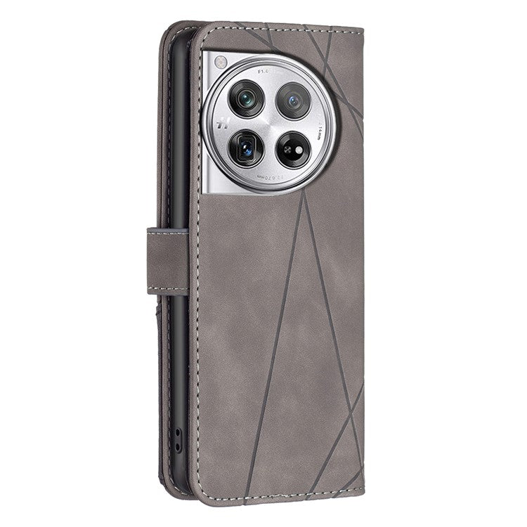 BINFEN COLOR BF05 For OnePlus 12 5G Case Stand Wallet Imprinted Line PU Leather Cover - Grey
