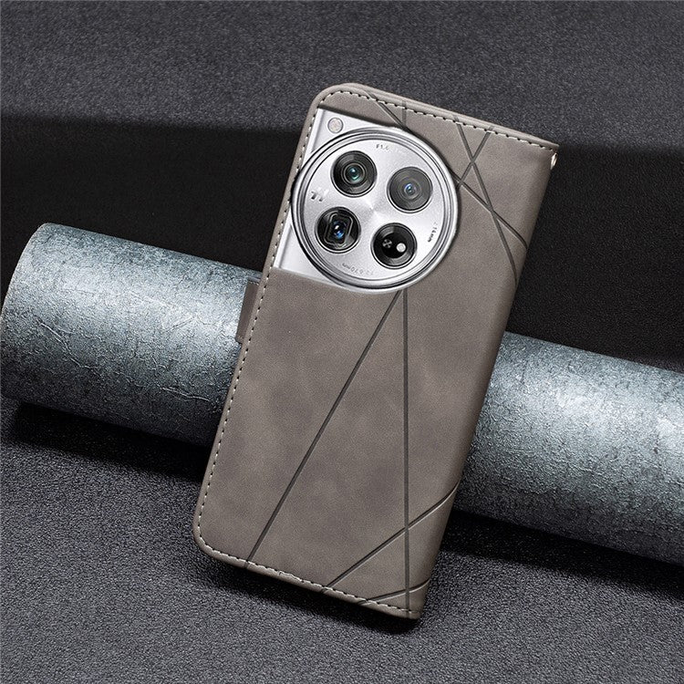 BINFEN COLOR BF05 For OnePlus 12 5G Case Stand Wallet Imprinted Line PU Leather Cover - Grey