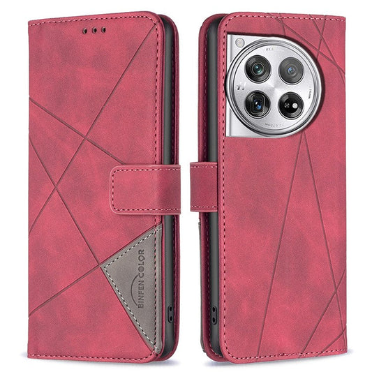 BINFEN COLOR BF05 For OnePlus 12 5G Case Stand Wallet Imprinted Line PU Leather Cover - Red