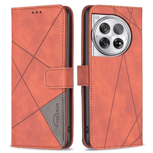 BINFEN COLOR BF05 For OnePlus 12 5G Case Stand Wallet Imprinted Line PU Leather Cover - Brown