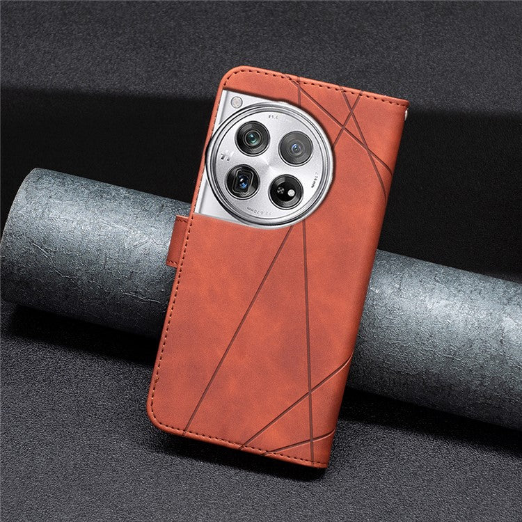 BINFEN COLOR BF05 For OnePlus 12 5G Case Stand Wallet Imprinted Line PU Leather Cover - Brown