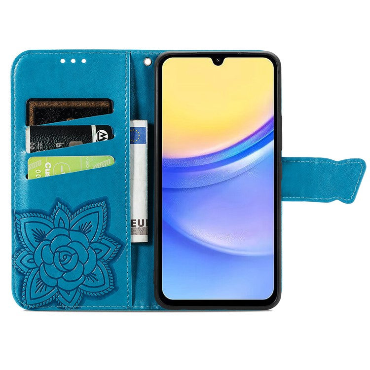 For Samsung Galaxy A15 5G Wallet Case PU Leather Wrist Strap Card Slots Cover - Blue