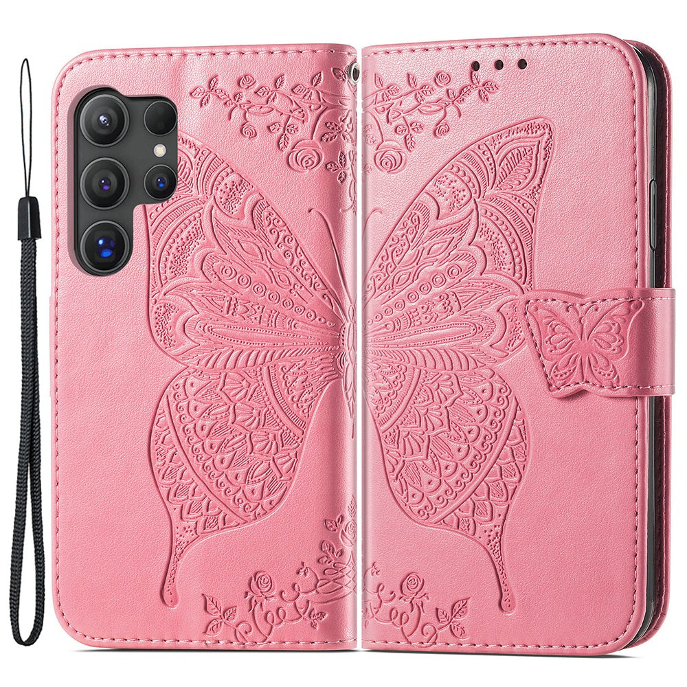 For Samsung Galaxy S24 Ultra Flip Folio Cover with Butterfly Pattern Leather Stand Phone Case - Pink