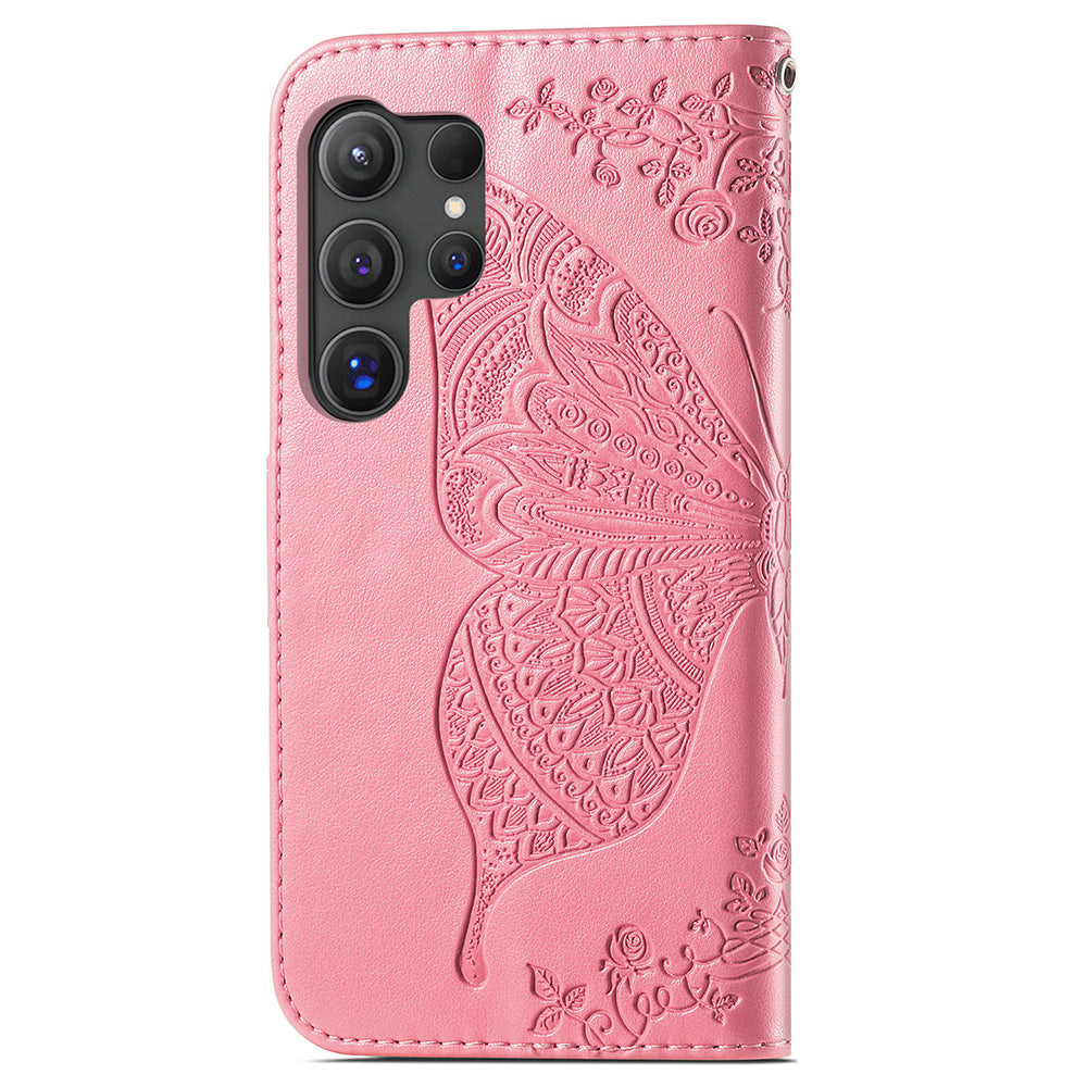 For Samsung Galaxy S24 Ultra Flip Folio Cover with Butterfly Pattern Leather Stand Phone Case - Pink