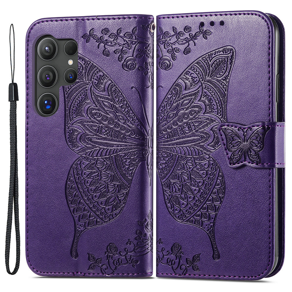 For Samsung Galaxy S24 Ultra Flip Folio Cover with Butterfly Pattern Leather Stand Phone Case - Dark Purple