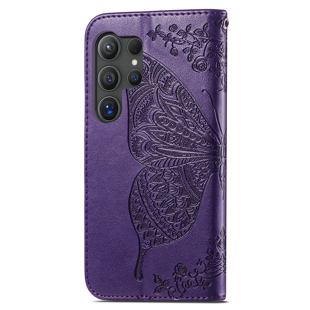 For Samsung Galaxy S24 Ultra Flip Folio Cover with Butterfly Pattern Leather Stand Phone Case - Dark Purple