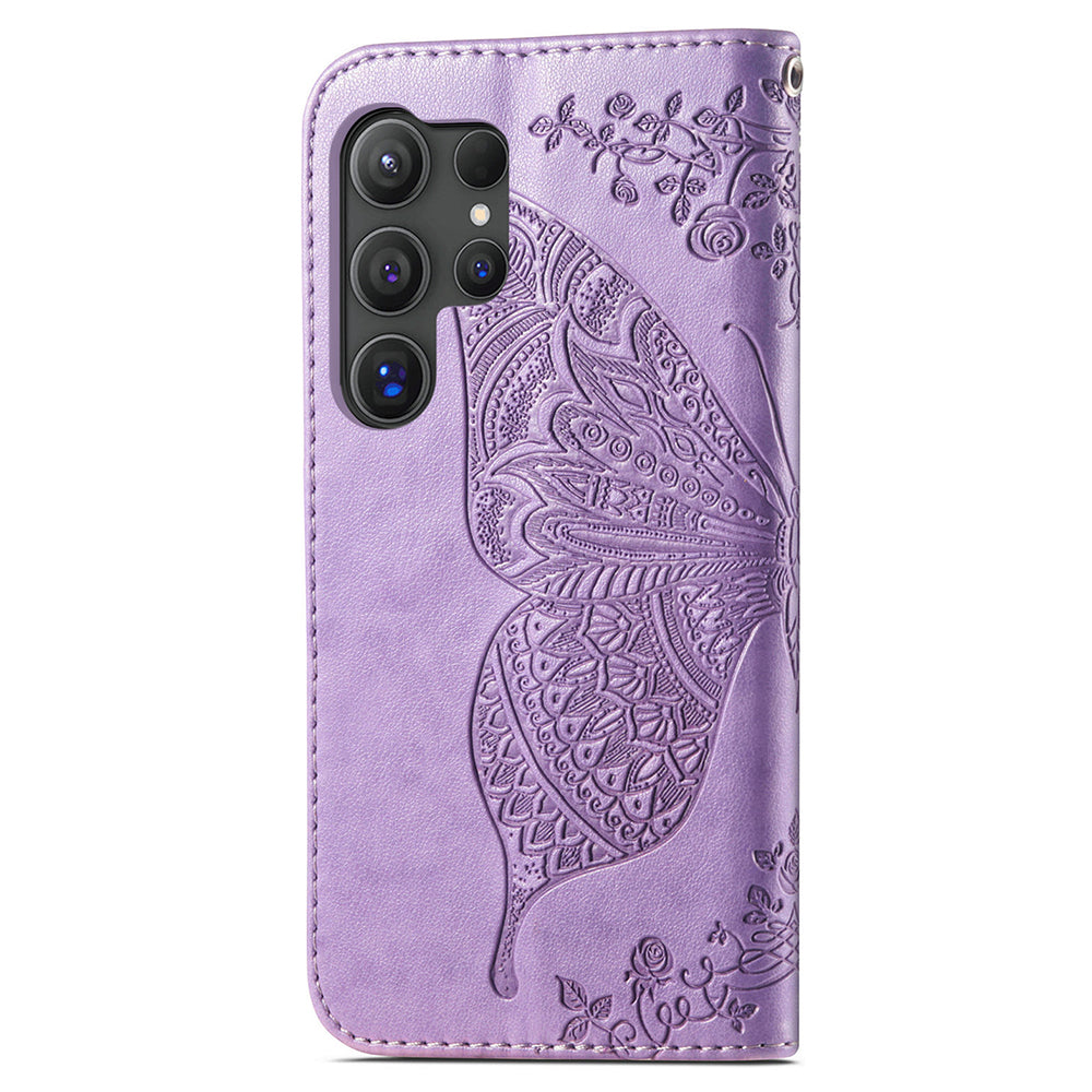 For Samsung Galaxy S24 Ultra Flip Folio Cover with Butterfly Pattern Leather Stand Phone Case - Light Purple
