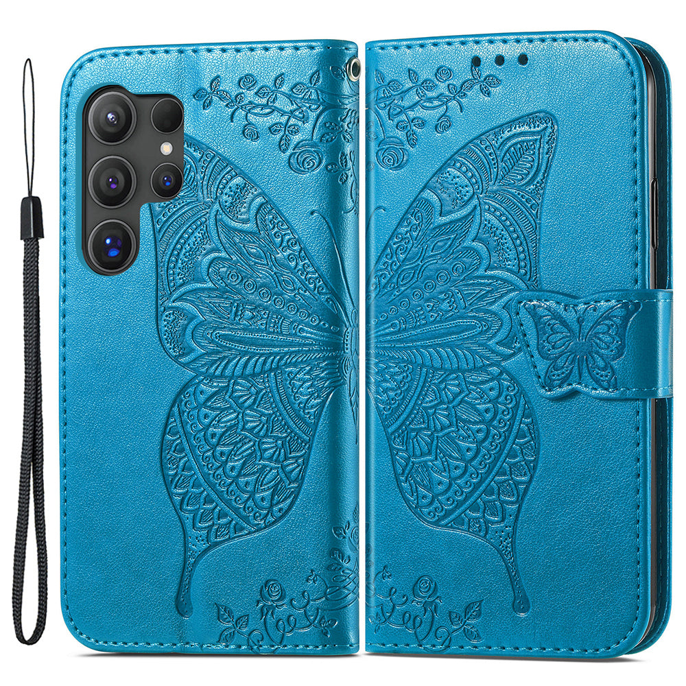 For Samsung Galaxy S24 Ultra Flip Folio Cover with Butterfly Pattern Leather Stand Phone Case - Blue