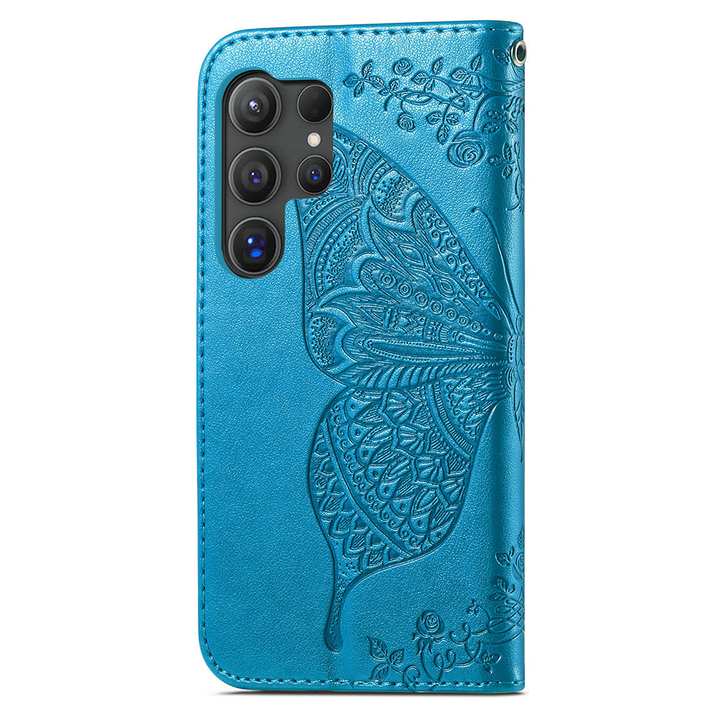 For Samsung Galaxy S24 Ultra Flip Folio Cover with Butterfly Pattern Leather Stand Phone Case - Blue