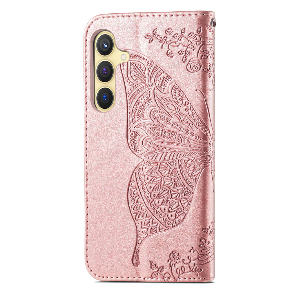 Wallet Case for Samsung Galaxy S24+ Butterfly Imprinted Leather Folio Phone Cover Stand - Rose Gold