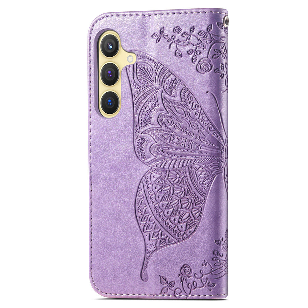 Wallet Case for Samsung Galaxy S24+ Butterfly Imprinted Leather Folio Phone Cover Stand - Light Purple