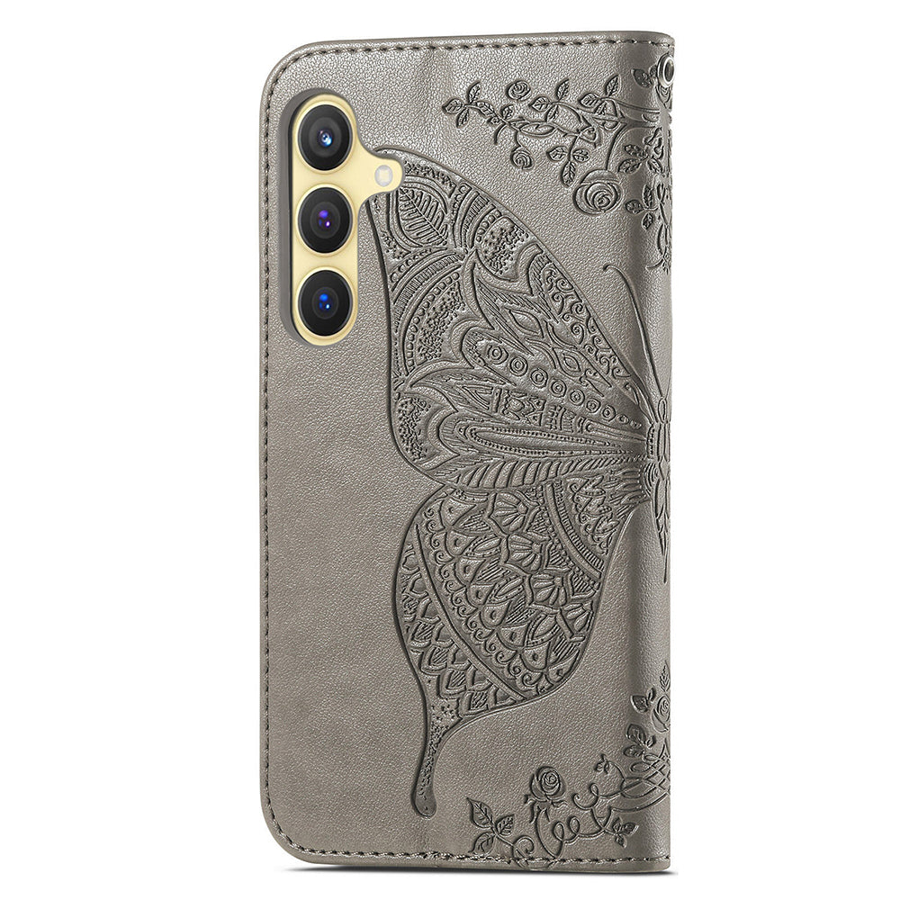 Wallet Case for Samsung Galaxy S24+ Butterfly Imprinted Leather Folio Phone Cover Stand - Grey