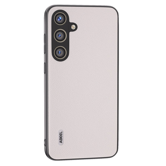 ABEEL For Samsung Galaxy S24 Case Genuine Cow Leather+PC Scratch-resistant Phone Protector - White