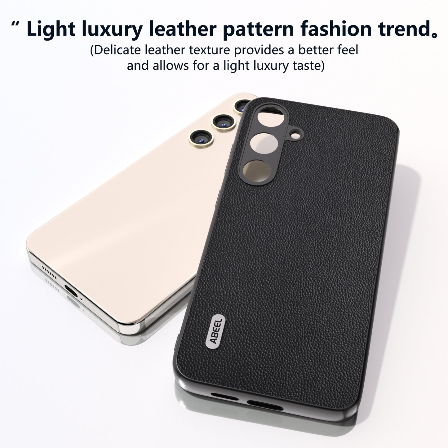 ABEEL For Samsung Galaxy S24 Case Genuine Cow Leather+PC Scratch-resistant Phone Protector - Black