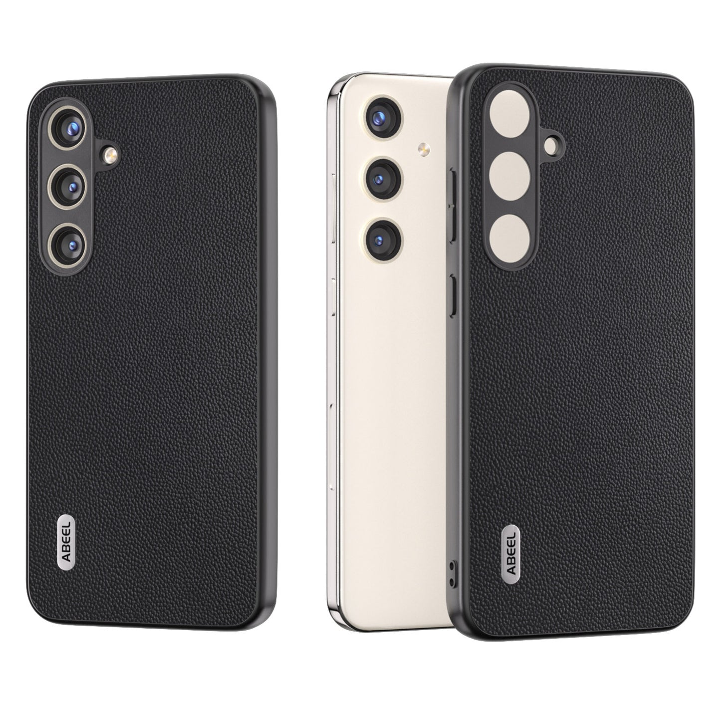ABEEL For Samsung Galaxy S24 Case Genuine Cow Leather+PC Scratch-resistant Phone Protector - Black