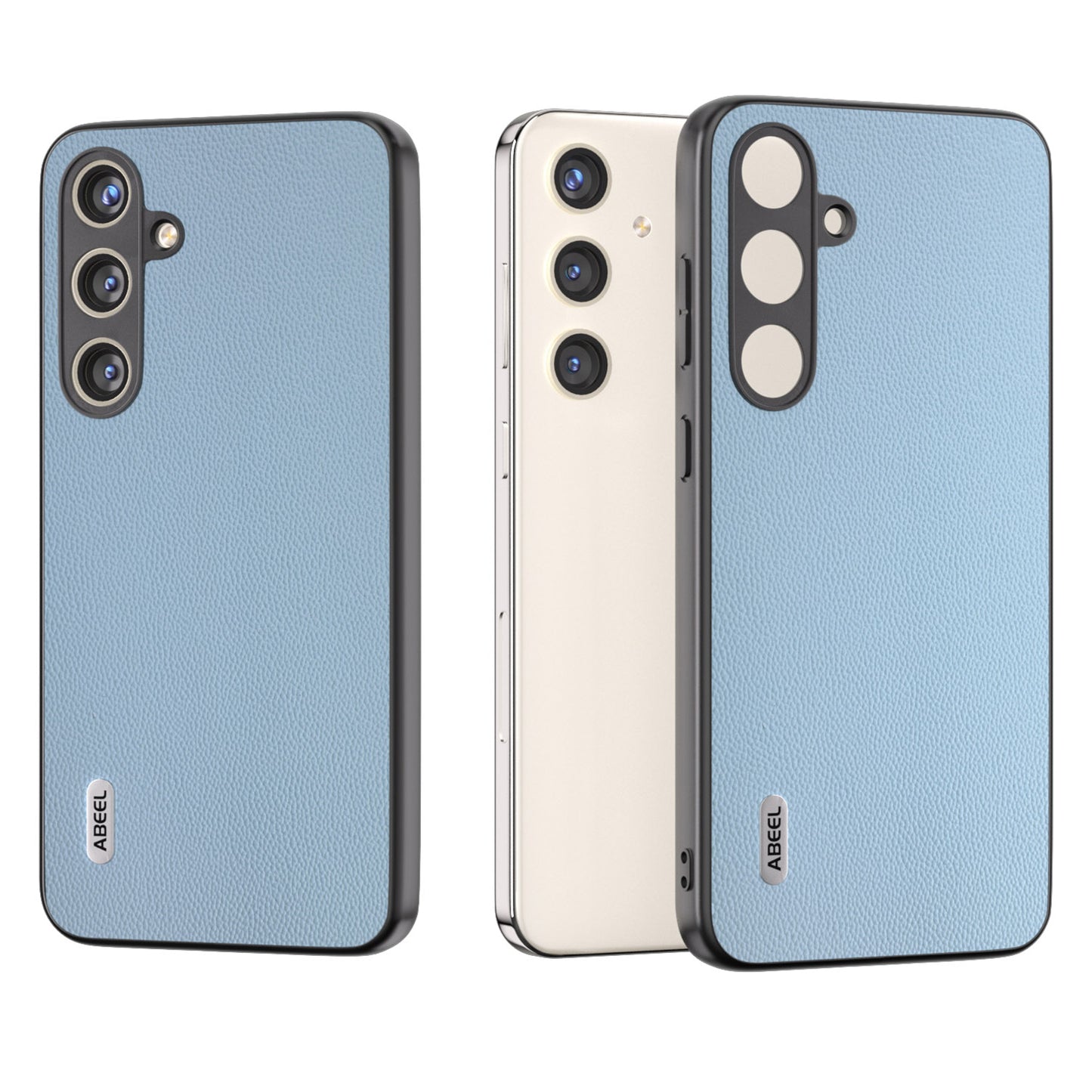 ABEEL For Samsung Galaxy S24 Case Genuine Cow Leather+PC Scratch-resistant Phone Protector - Sky Blue
