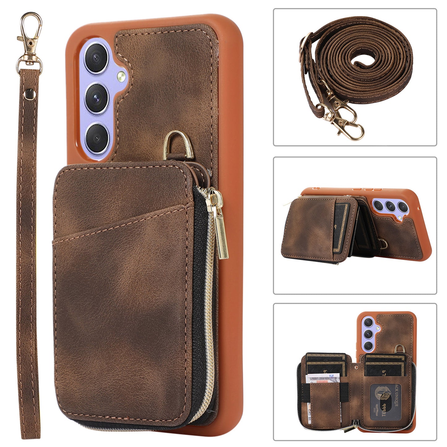 For Samsung Galaxy S24 Case Card Bag Leather TPU Back Cover with Strap - Brown