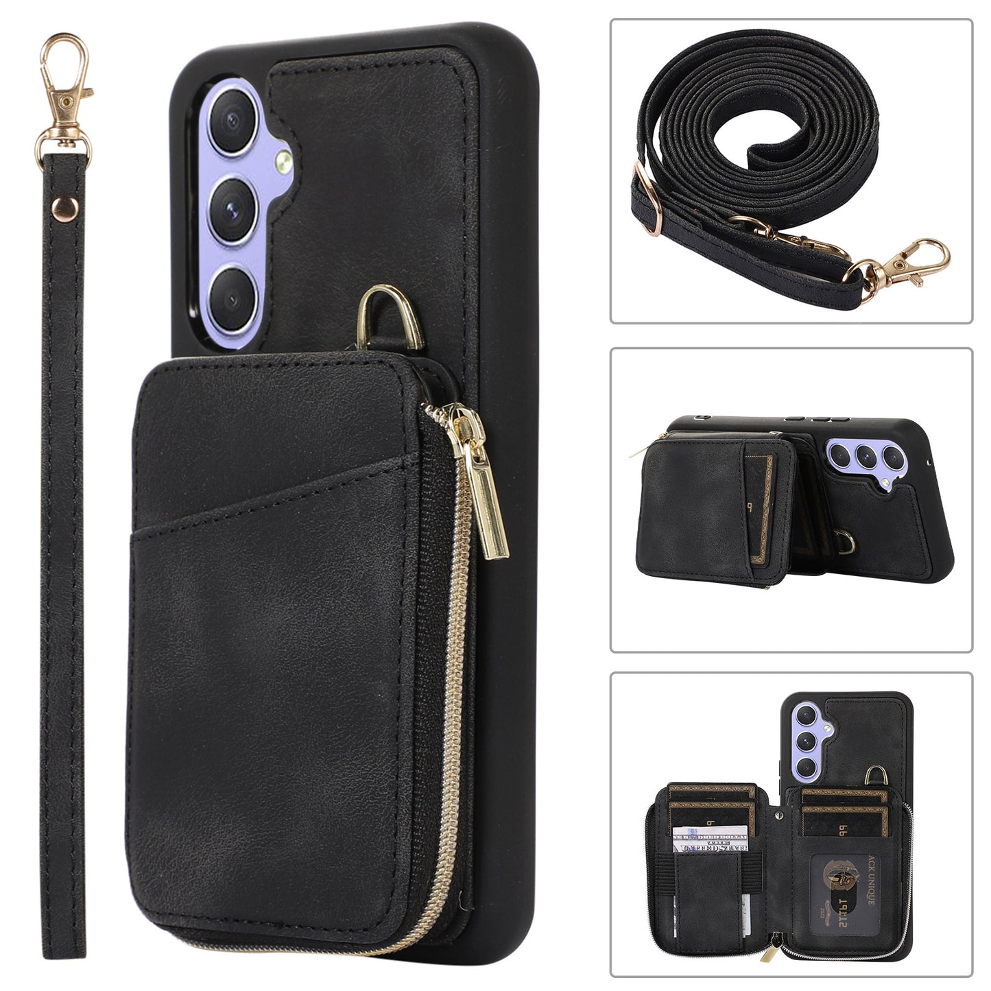 For Samsung Galaxy S24 Case Card Bag Leather TPU Back Cover with Strap - Black