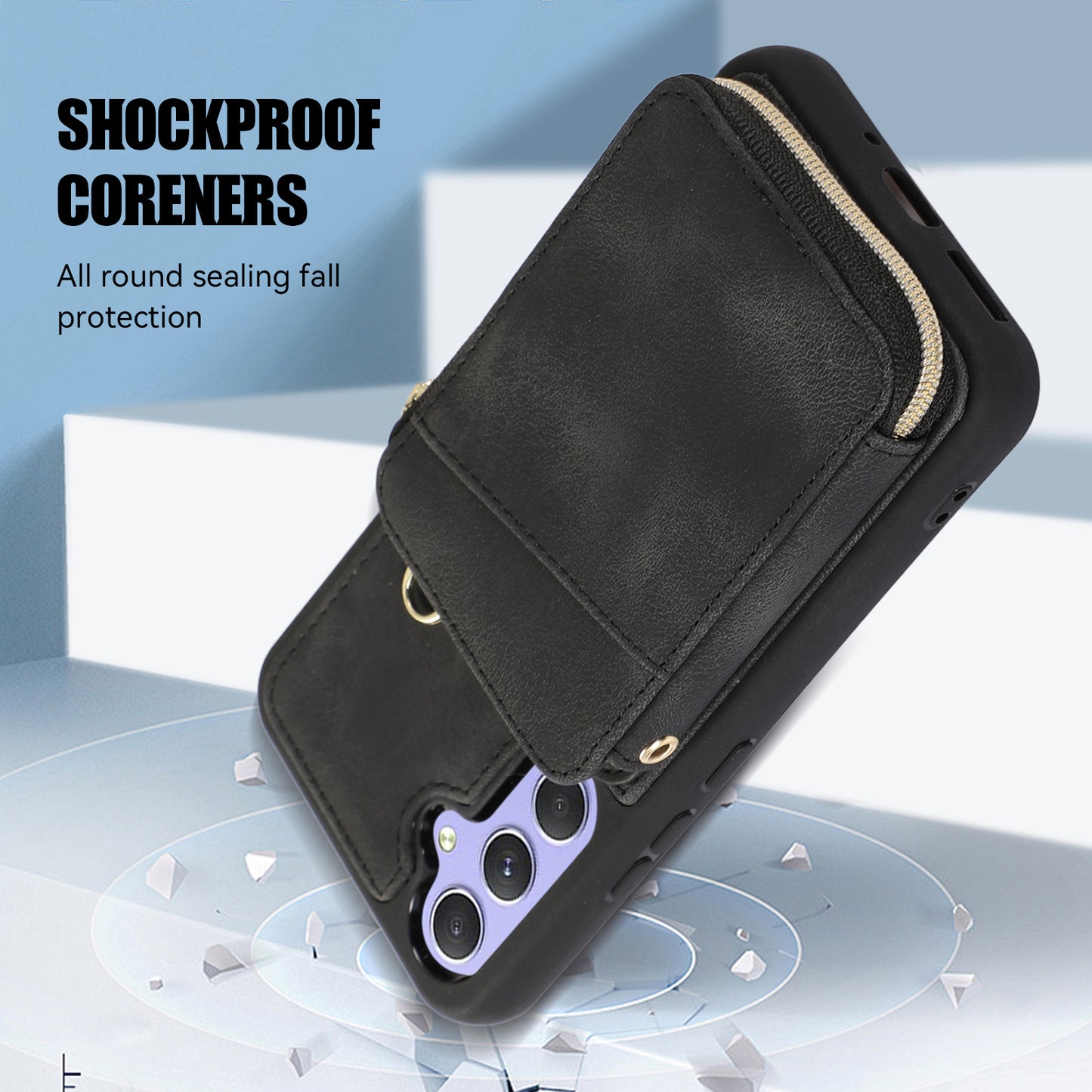 For Samsung Galaxy S24 Case Card Bag Leather TPU Back Cover with Strap - Black