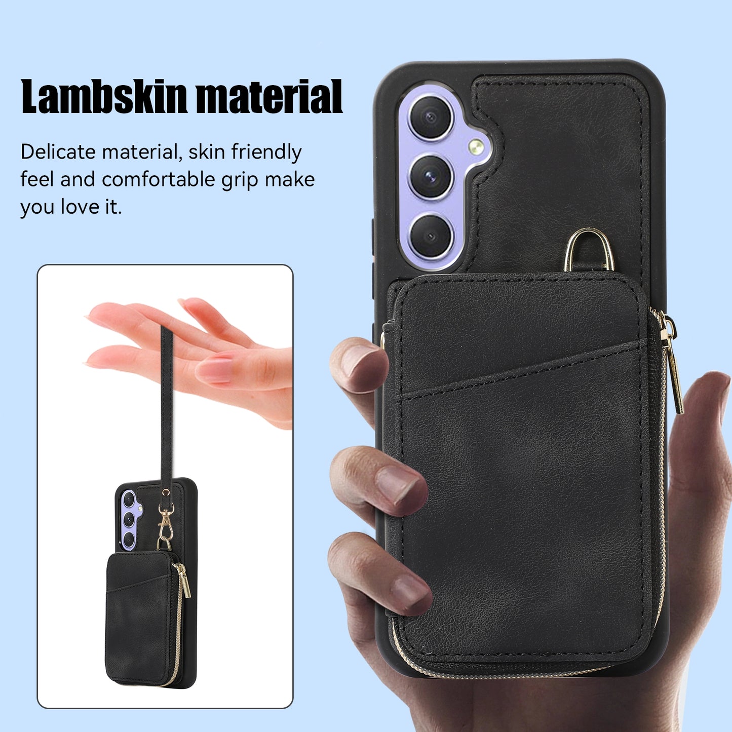 For Samsung Galaxy S24 Case Card Bag Leather TPU Back Cover with Strap - Black