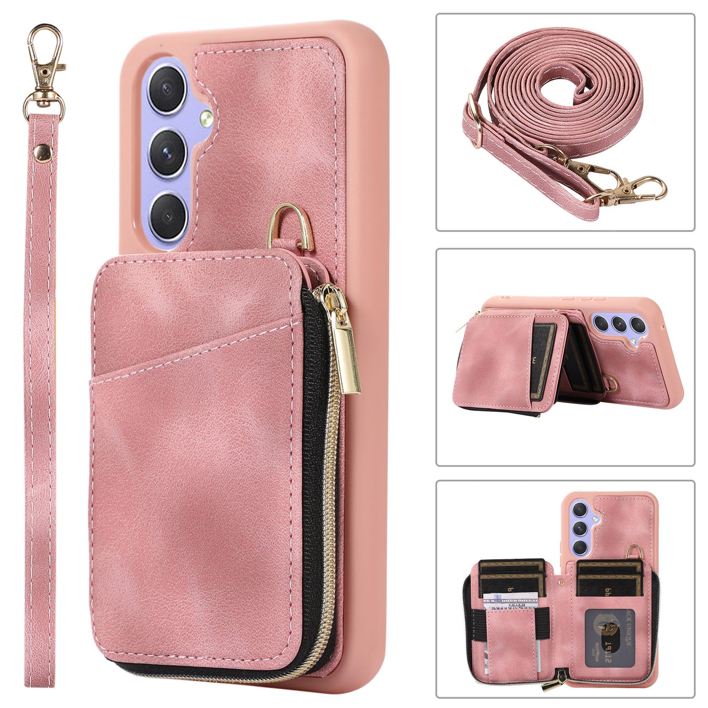 For Samsung Galaxy S24 Case Card Bag Leather TPU Back Cover with Strap - Pink
