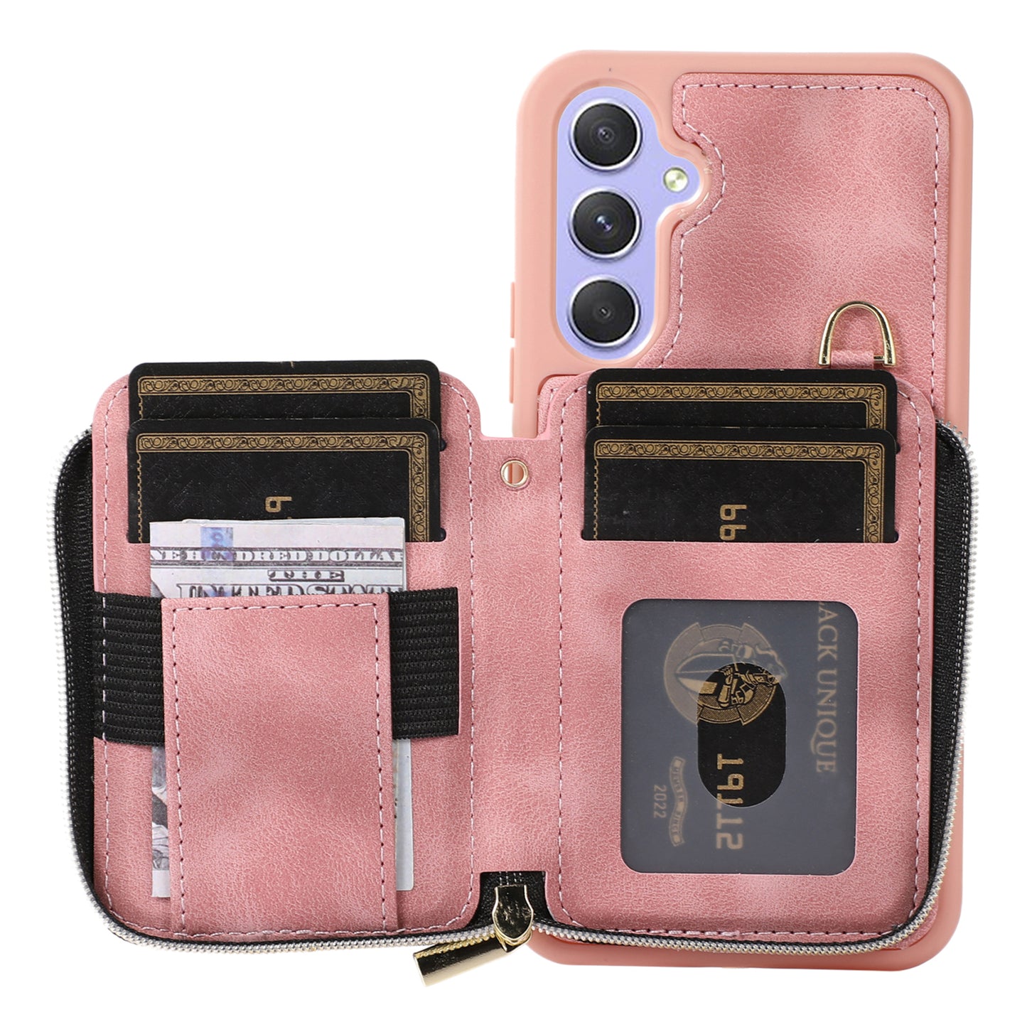 For Samsung Galaxy S24 Case Card Bag Leather TPU Back Cover with Strap - Pink