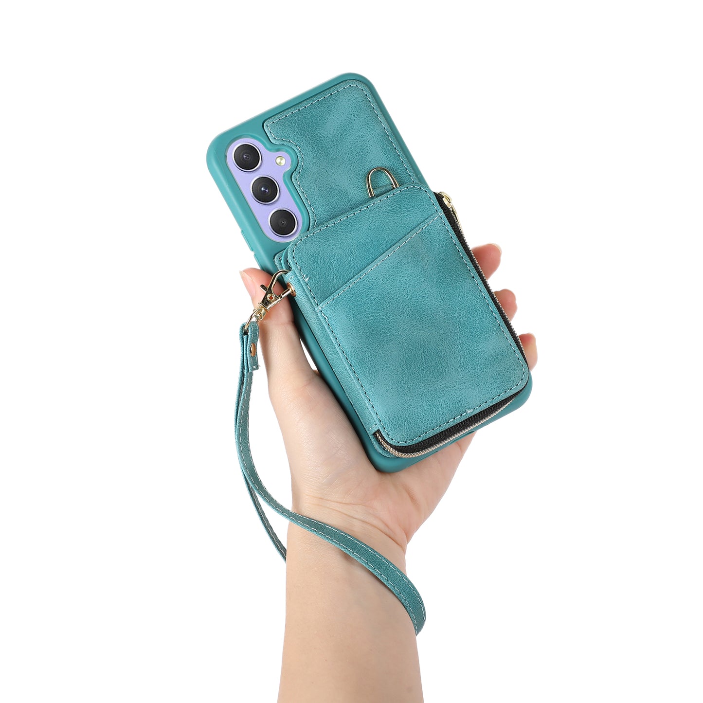 For Samsung Galaxy S24 Case Card Bag Leather TPU Back Cover with Strap - Green