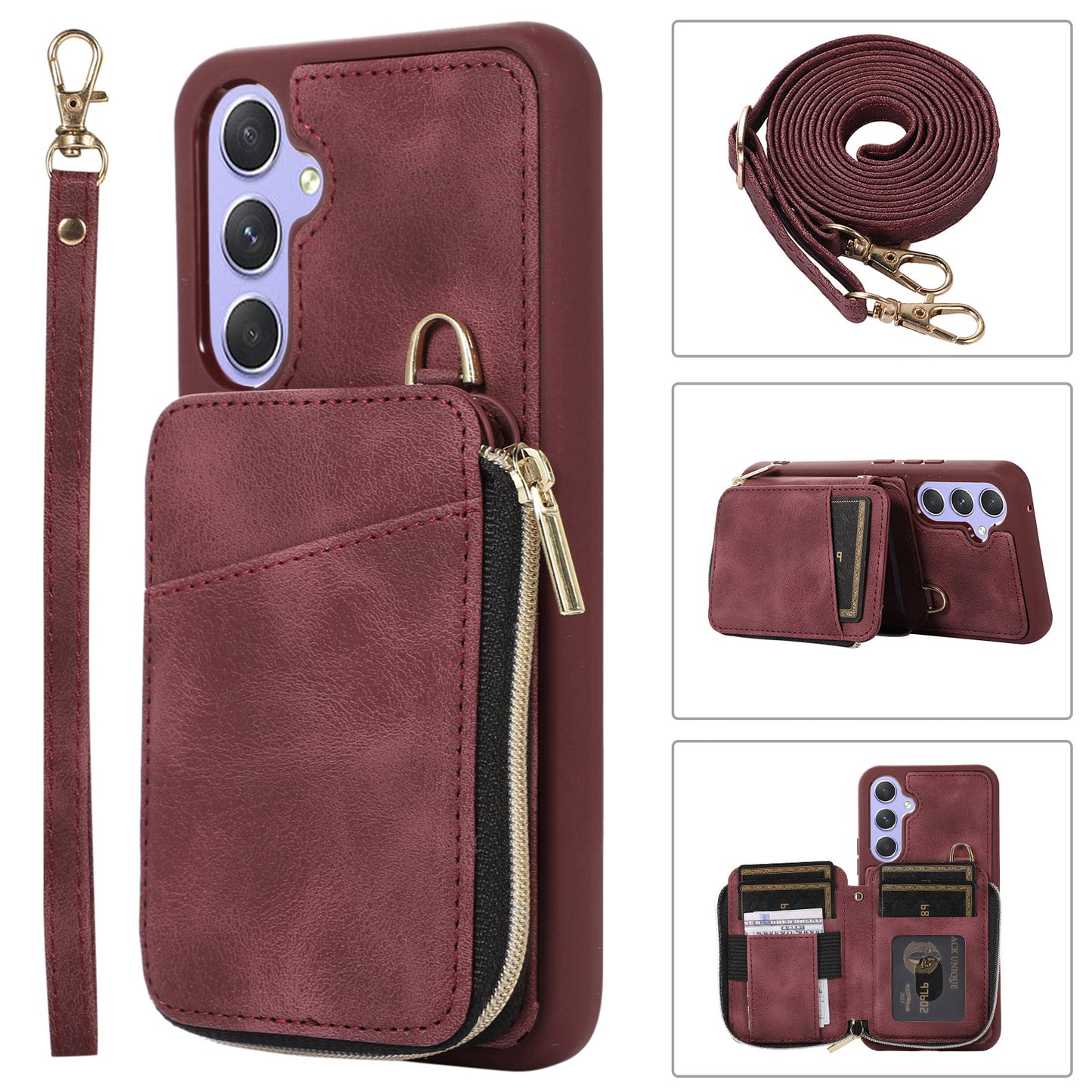 For Samsung Galaxy S24 Case Card Bag Leather TPU Back Cover with Strap - Wine Red
