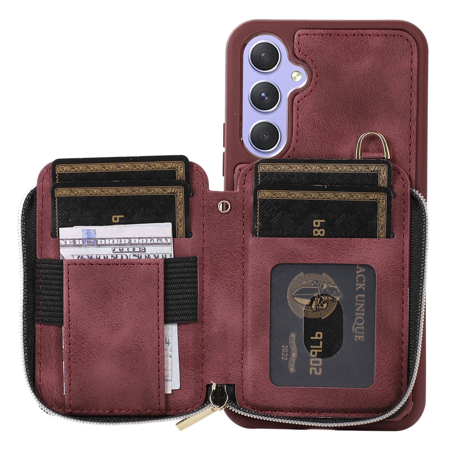 For Samsung Galaxy S24 Case Card Bag Leather TPU Back Cover with Strap - Wine Red